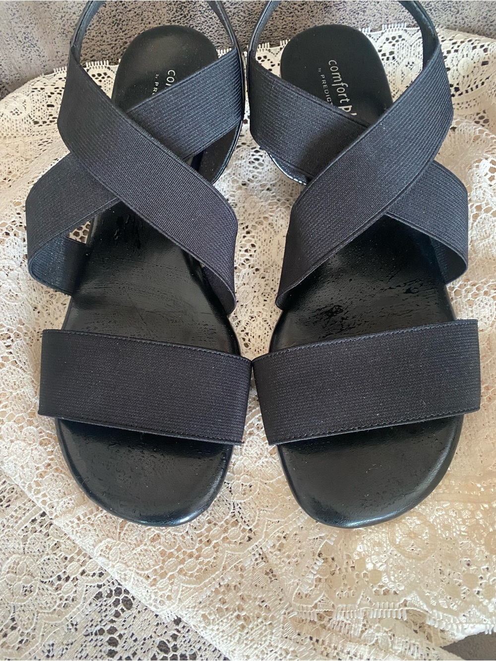 Comfort plus by Predictions Black Elastic Crossband Slide Sandals